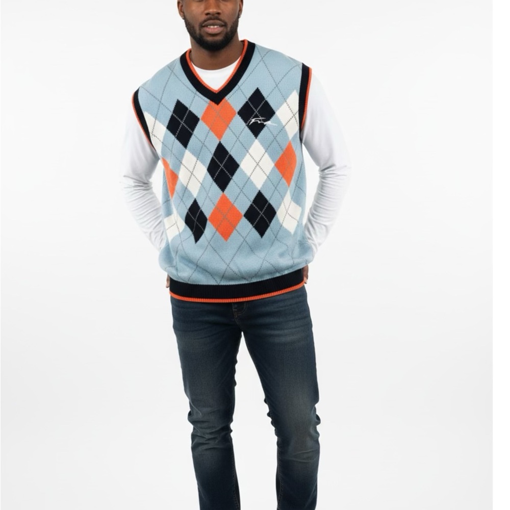 FUBU Men's V-Neck Argyle Sweater Vest - Blue, Orange, Black